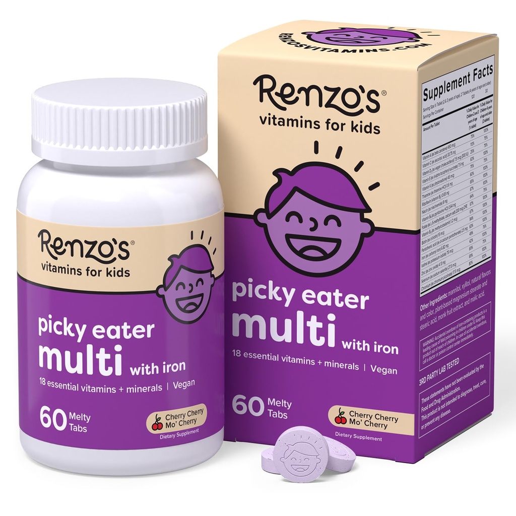 Renzos Picky Eater Kids Multivitamin med Jern, Opløse Kids Vitaminer med Vitamin D3 & K2 og mere, 60 sukkerfri Melty Tabs, Cherry Mo 'Cherry Flavored