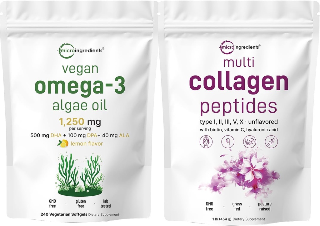 Micro Ingredients Multi Collagen Protein Powder 16oz & Vegan Omega 3 Algae Oil Supplement Bundle 2 Pack 124; Grass- Fed Collagen Peptider Mex124; Omega-3 Fuld Spectrum Alternativ til fiskeolie