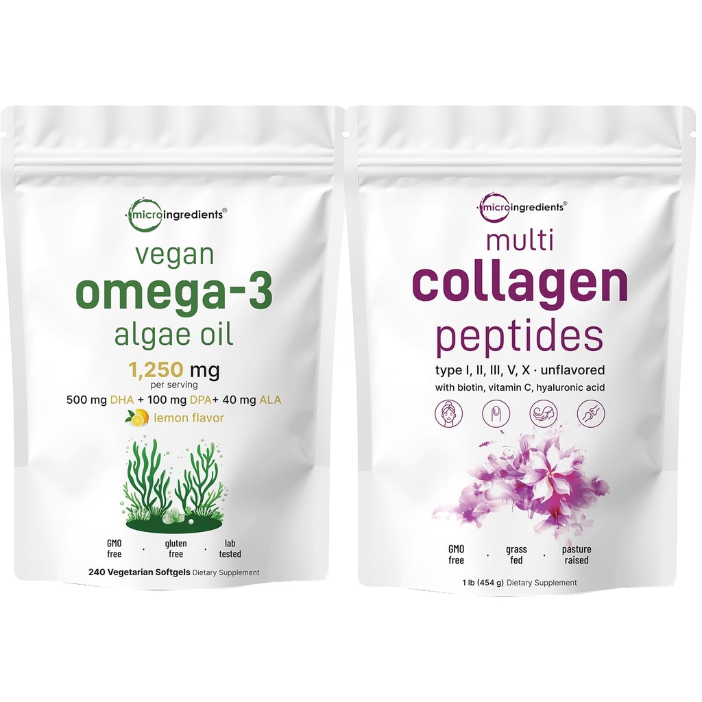Micro Ingredients Multi Collagen Protein Powder 16oz & Vegan Omega 3 Algae Oil Supplement Bundle 2 Pack 124; Grass- Fed Collagen Peptider Mex124; Omega-3 Fuld Spectrum Alternativ til fiskeolie