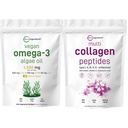 Micro Ingredients Multi Collagen Protein Powder 16oz & Vegan Omega 3 Algae Oil Supplement Bundle 2 Pack 124; Grass- Fed Collagen Peptider Mex124; Omega-3 Fuld Spectrum Alternativ til fiskeolie