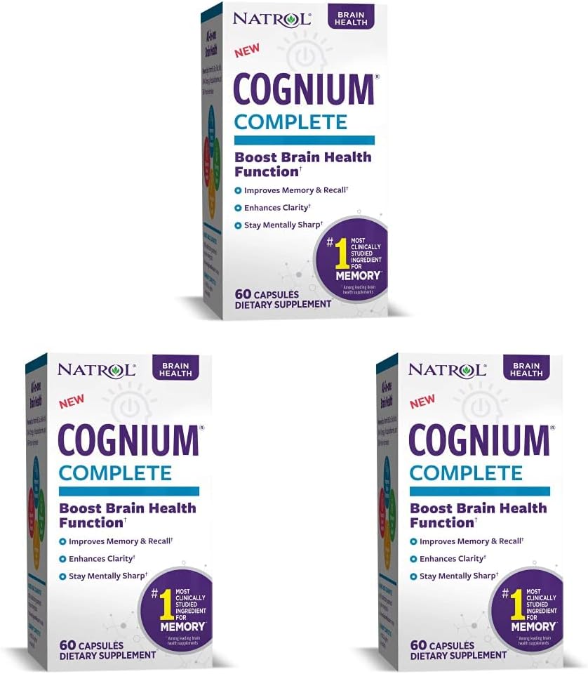Natrol Cognium Complete, Brain Health Dietary Supplement, Forbedrer hukommelse & Clarity, Drug Free, 100mg, 60 kapsler (pakke med 3)