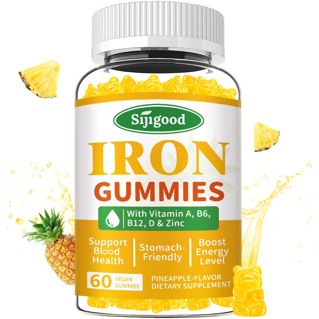 Jern gummier til kvinder & mænd - Vegansk jerntilskud til anæmi & jernmangel, med vitamin B12, C-vitamin, zink, folat - Energi Boost, sukkerfri, Ananas Arv, 60 Greve