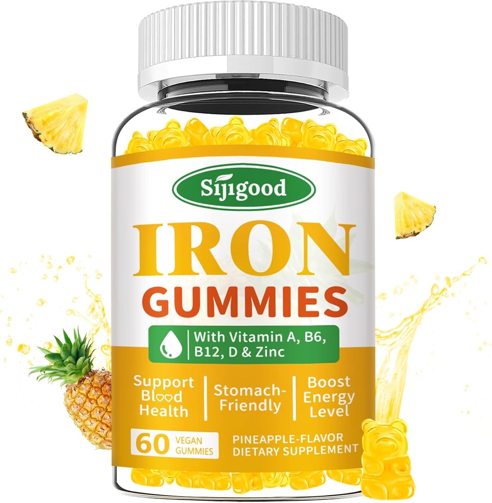 Jern gummier til kvinder & mænd - Vegansk jerntilskud til anæmi & jernmangel, med vitamin B12, C-vitamin, zink, folat - Energi Boost, sukkerfri, Ananas Arv, 60 Greve