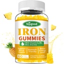 Jern gummier til kvinder & mænd - Vegansk jerntilskud til anæmi & jernmangel, med vitamin B12, C-vitamin, zink, folat - Energi Boost, sukkerfri, Ananas Arv, 60 Greve