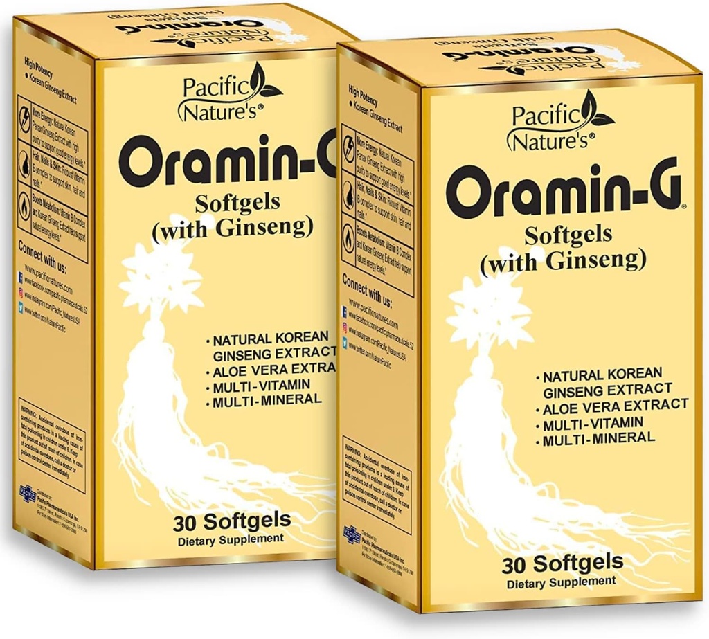 Pacific Nature 's Oramin G (30 Softgel) med koreansk Ginseng, Aloe Vera, B-vitamin kompleks, og zink til energi, Immunitet, & Nutritional Support - pakke med 2