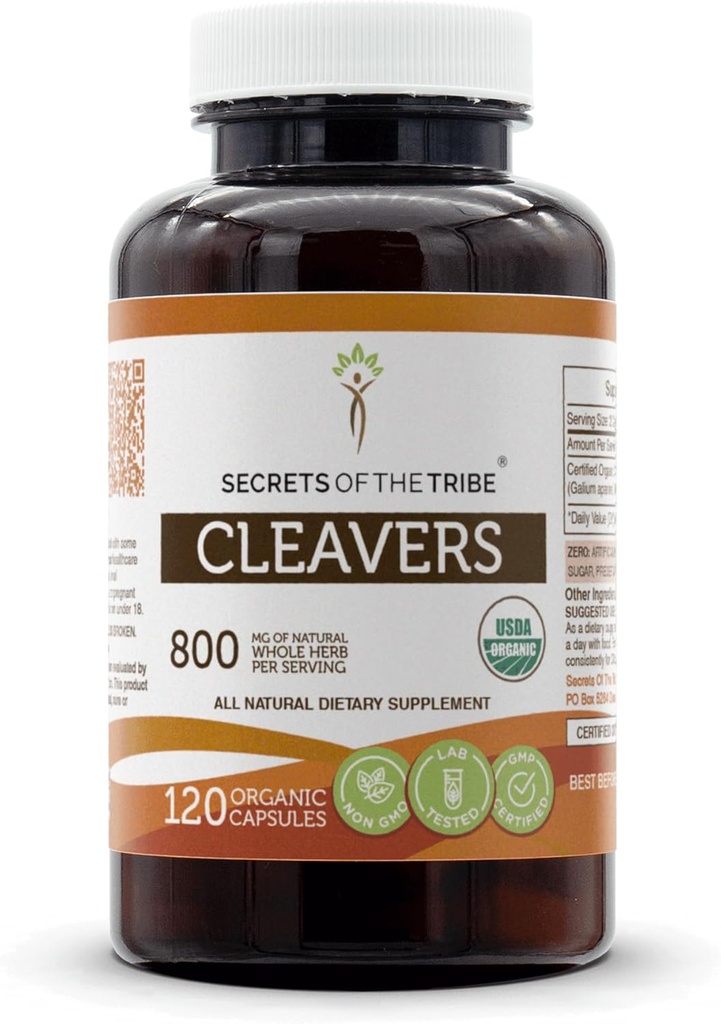 Secrets of the Tribe Cleavers USDA Organic Measures 124; Lavet med vegetariske kapsler og Certified Organic Cleavers (Galium aparine) Tørret Herb (120 Kapsler)