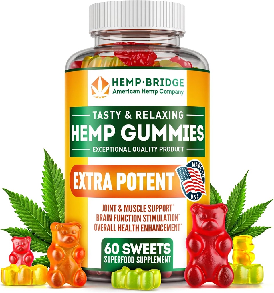 Hamp Gummies - Lavet i USA - Omega 3 tillæg med Hamp Oil - Fruity Gummies for Joints, Muskler, Slap af, rolig, søvn, hud og negle