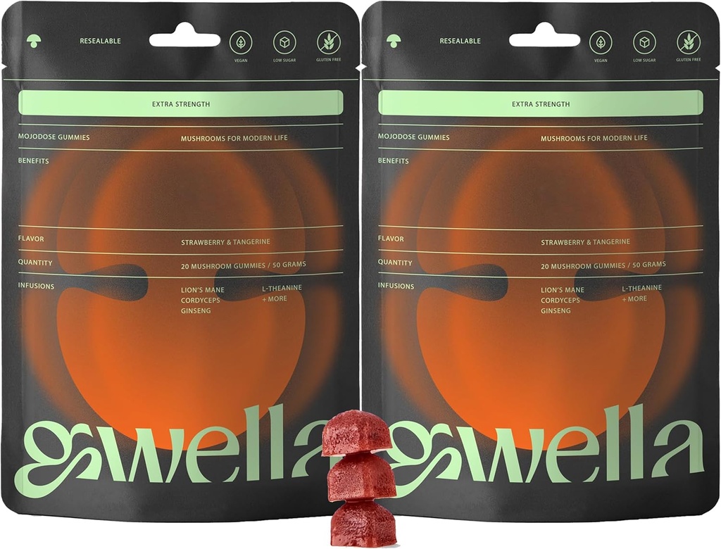 Gwella Focus Gummies med Lions Mane, Panax Ginseng, Ginger Root, Cordyceps, SAM- e, og Nootropics, Energy and Focus Supplement, Vegan, Strawberry Tangerine (20 Greve - pakke med 2)