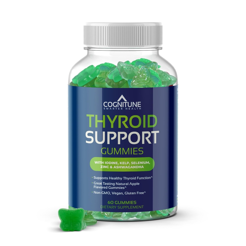 Thyreoideastøttegummi til kvinder & mænd - Non- GMO, Vegan, Gluten- fri, med jod, Kelp, Ashwagandha, Zink, Selenium og mere - Natural Apple Flavor Thyreoideagummies Supplement til Hypothryoipsi