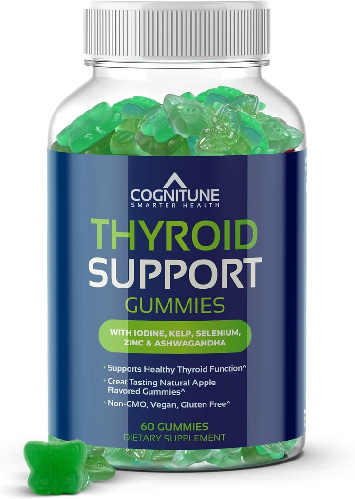 Thyroid Support Gummies for Women & Men – Non-GMO, Vegan, Gluten-Free, with Iodine, Kelp, Ashwagandha, Zinc, Selenium and More – Natural Apple Flavor Thyroid Gummies Supplement for Hypothryoidism