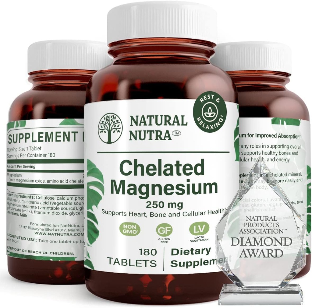 Naturlig Nutra Chelated Magnesium Oxide 250 mg - Høj Absorption for stærke knogler, hjerte sundhed, energi boost, gluten- fri, ikke-GMO, 180 tabletter (2 Pack) i BPA- fri recyclable glasflasker