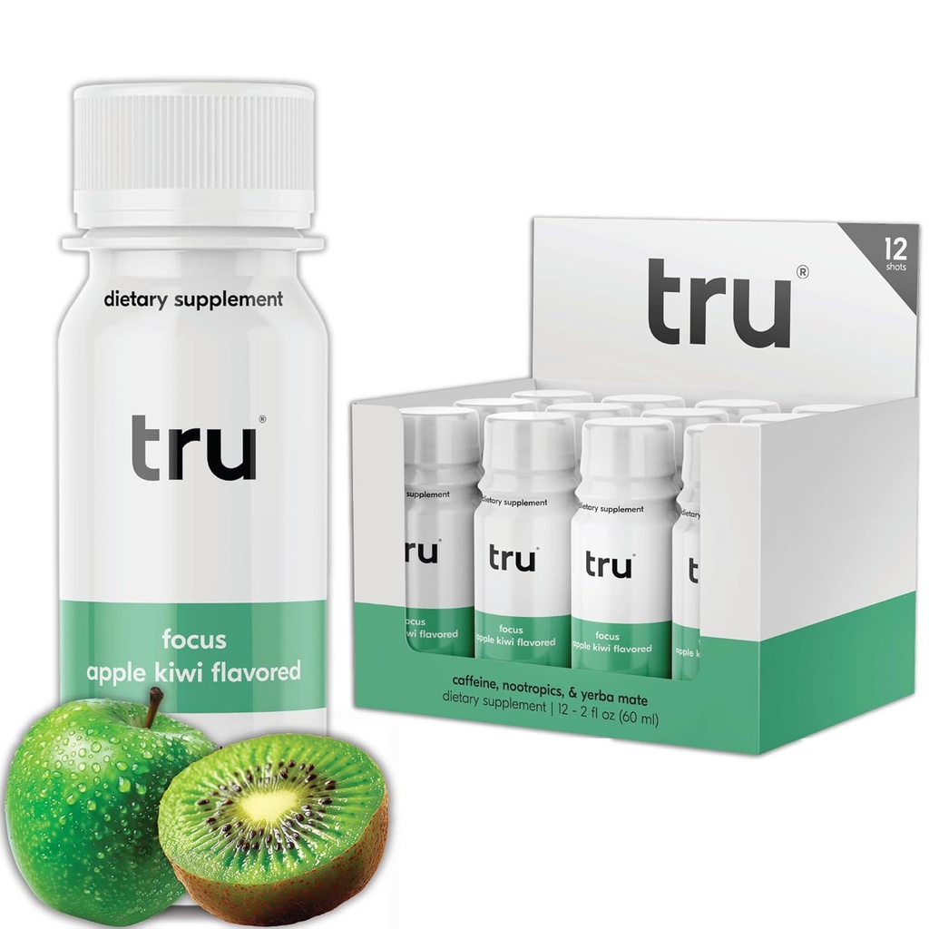 Tru Focus Shots, Nootrop Energy Drink med Yerba Mate, L Theanine & Natural Coffein, Vegan Wellness Shot med Zero Sugar & Calories, Gluten Free, Keto Friendly, Apple Kiwi Flavor, 2 FL OZ, 12 Pack
