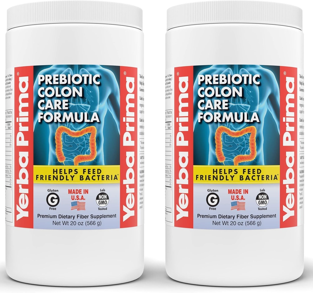 Yerba Prima Prebiotic Colon Care Formel, 20 oz Powder (pakke med 2) med FOS - Natural Psyllium Fiber, Magnesium, Selen - Non- GMO, Gluten Free, Vegan Daily Supplement - for mænd og kvinder