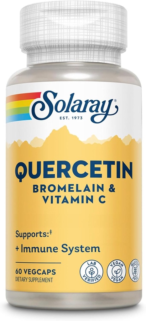 SOLARAY Quercetin med Bromelain og C-vitamin - immuntilskud - Antioxidant og Heart Health Complex med Quercetin 500mg og 1235mg VIT C - Vegan, 60- Day Garanti, 30 Serv, 60 VegCaps