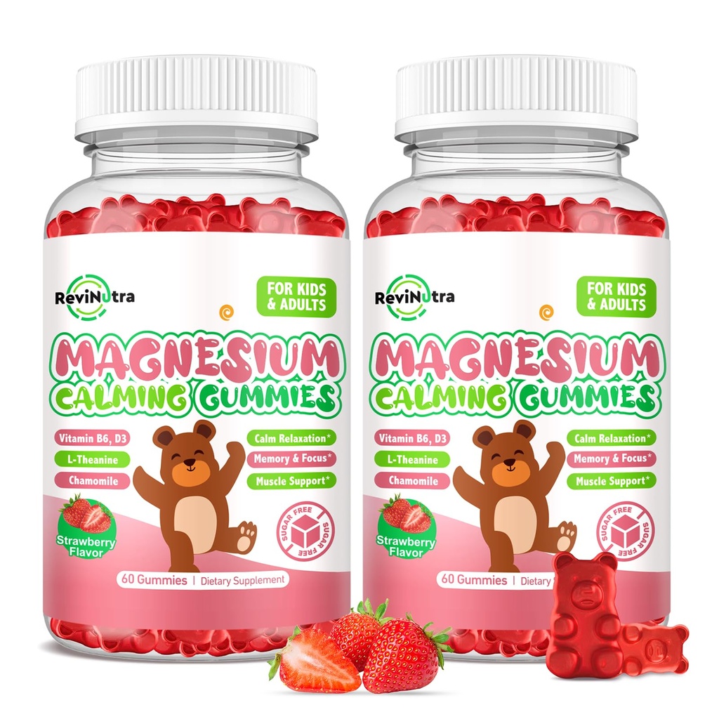 Kids Magnesium Glycinate Gummies, Magnesium tillæg med L- Theanin, vitamin B6, D3 for børn og voksne, rolig Magnesium til søvn afspænding, hjerne, ben, sukker fri jordbær 120ct