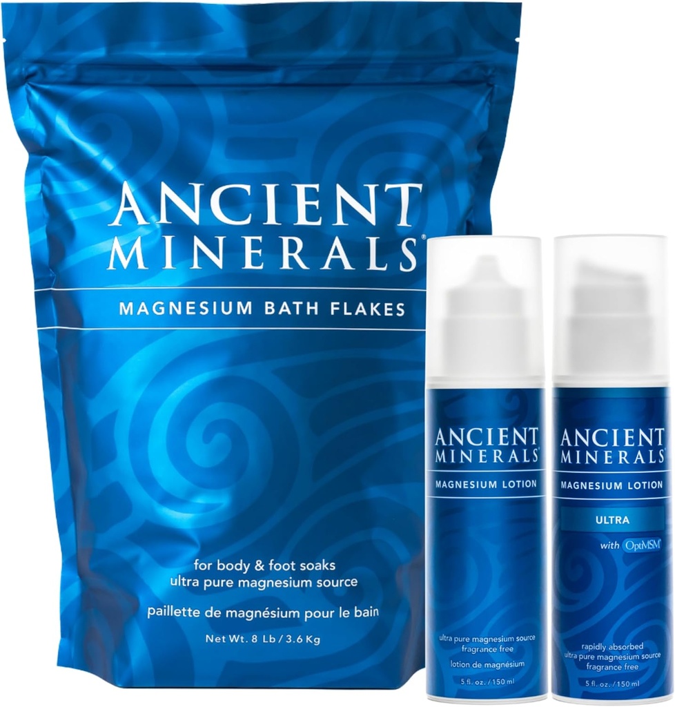Ancient Minerals Magnesium Bath Flakes - Magnesium Lotion og Lotion Ultra med MSM - Pure Genuine Zechstein Chlorid