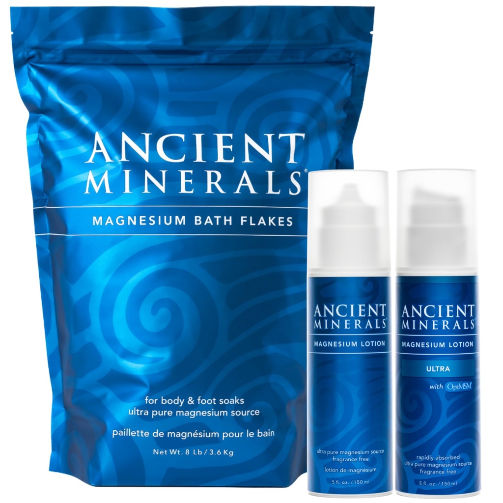 Ancient Minerals Magnesium Bath Flakes - Magnesium Lotion og Lotion Ultra med MSM - Pure Genuine Zechstein Chlorid