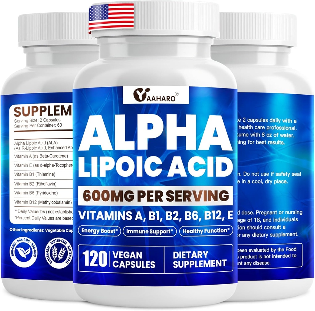 Alpha lipoinsyre 600mg, ALA tillæg for energi boost, immunforsvar, sund funktion, og forbedret absorption, R- Alpha liposyre med essentielle vitaminer, 120 kapsler