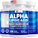 Alpha lipoinsyre 600mg, ALA tillæg for energi boost, immunforsvar, sund funktion, og forbedret absorption, R- Alpha liposyre med essentielle vitaminer, 120 kapsler