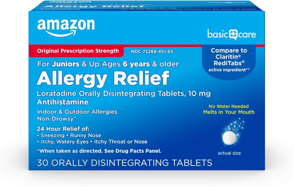 Basic Care 24- Hour Children Allergy Medicine, Loratadine Orally Disintegration Tablets, 10 mg, Antihistamin, Age 6 +, 30 Greve