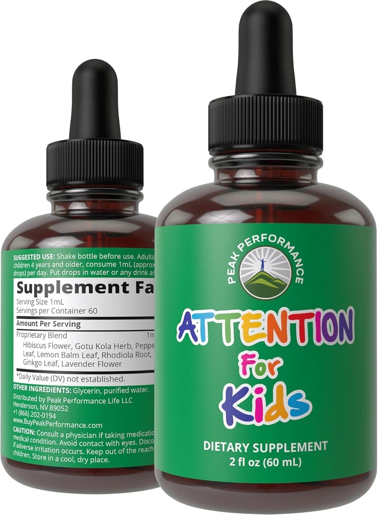 Kids Focus Drops. Opmærksomhed Deficit Liquid Supplement for koncentration, Opmærksomhed, hjerne, hukommelse. Ingen Bitter Smag. Naturlig non- Habit Forming Sugar Free 7- in-1 Vegan Nootrop for børn, Teenagere