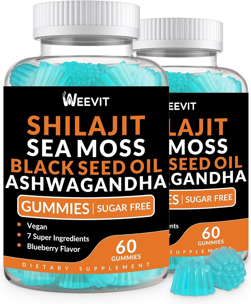 Shilajit Sea Moss Ashwagandha Gummies med gurkemeje, Black Seed Oil, Vitamin C D til mænd og kvinder, Shilajit og Ashwagandha Gummy, Alt i 1 Kosttilskud til immun-, Absorption & Energistøtte