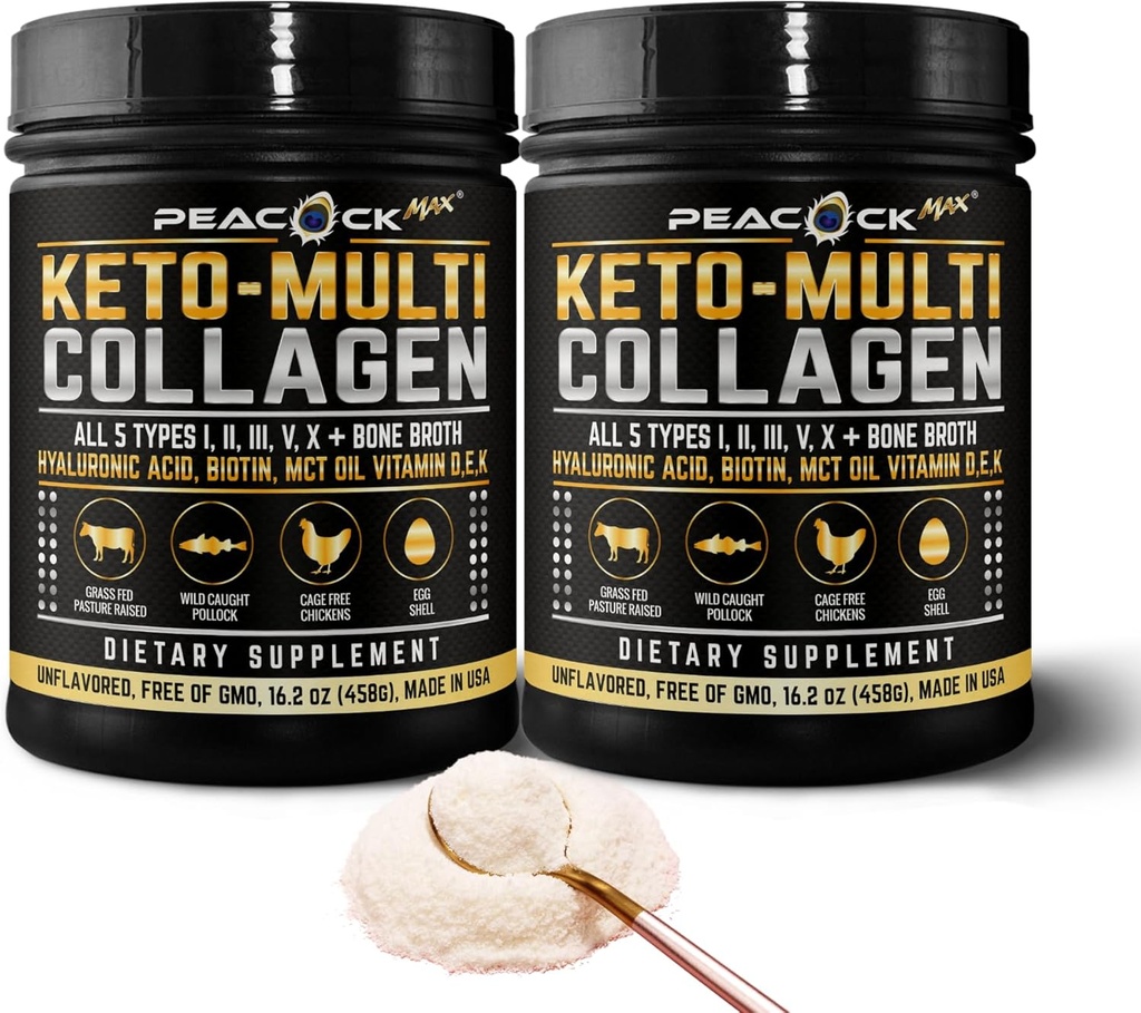 Keto Multi Collagen Peptider 16.2 oz, Pack of 2 - Bone Broth Protein Powder, 5 Typer Hydrolyzed Collagen, MCT Oil, Unflavored Protein Powder for Joint, Hud, Hår & Gut Health