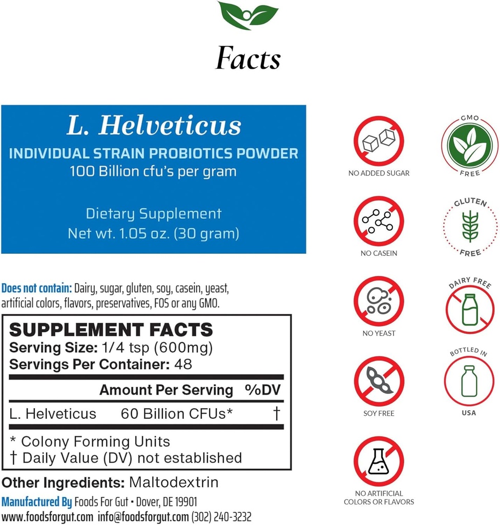 Fødevarer til Gut Lactobacillus Helveticus Probiotic Powder 100 Millioner cfu 's • 124; Ingen tilsætningsstoffer • 124; Direkte fra producent • 124; Ingen Third- Party Storage • 124; immunforsvar • 124; L. Helveticus • 124; 30 Bedste (1,05 Oz)