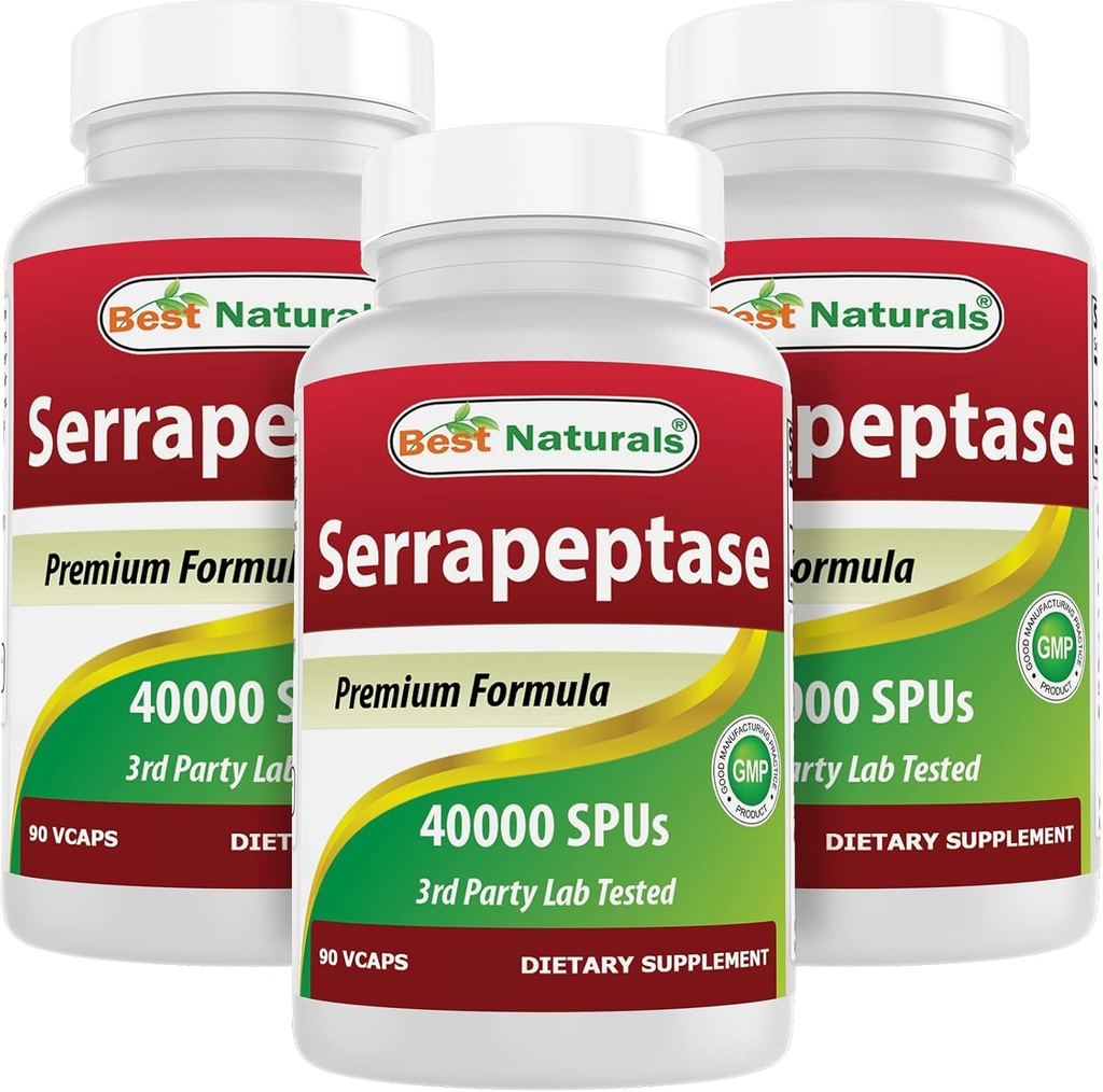 Bedste Naturals Serrapeptase 40000 SPU 'er 90 Vcaps (90 Tæl (pakke med 3))