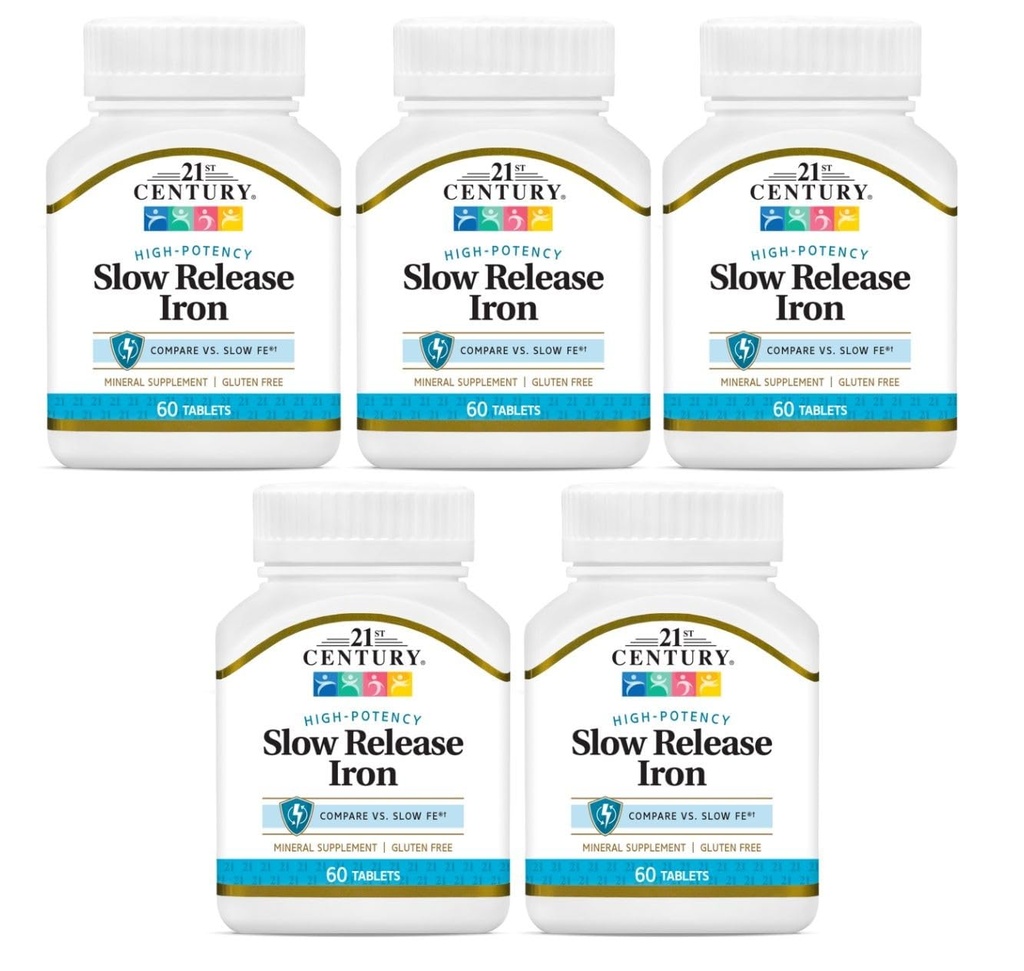 21. århundrede Slow Release Iron Tablets - 60 ct, Pakning med 5 - Emballage Maj Vary