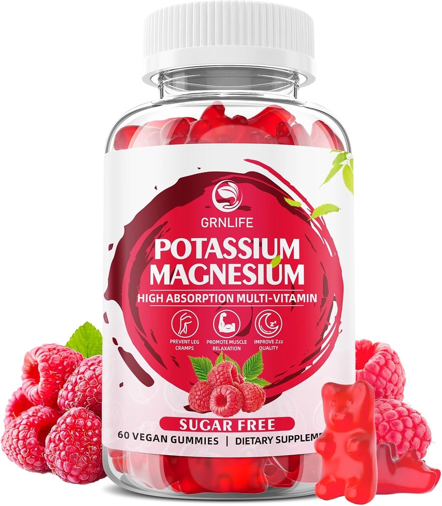 Kalium Magnesium supplement Gummies, Kalium Gummies for voksne børn, høj absorption Magnesium Glycinat for ben kramper og immunforsvar, sukkerfri, hindbær smag, 60 Greve