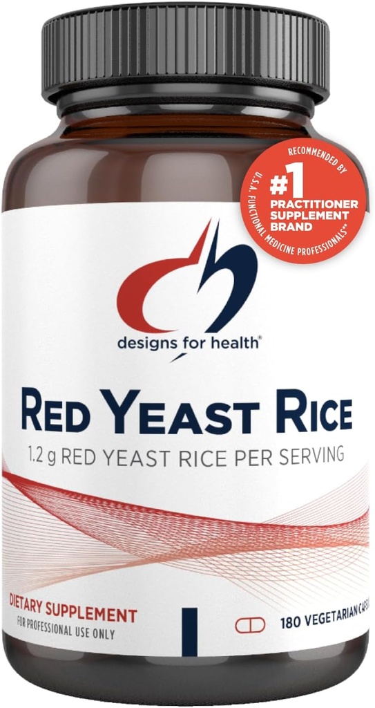 Designs for Health Red Yeast Rice Kapsler - 1200mg (1.2g) Supplement til støtte Kardiovaskulær Sundhed - Non- GMO, Lavet med US- Grown Organic Red Yeast Rice (180 Kapsler)
