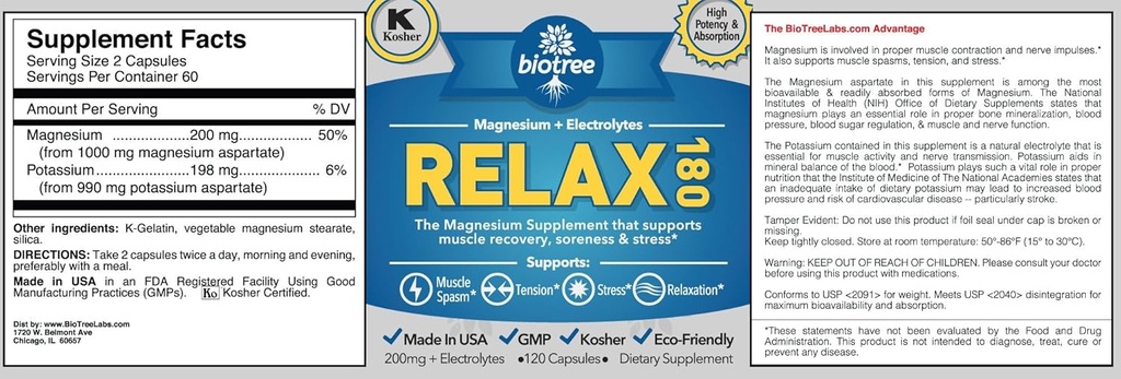 BioTree Labs Relax 180 - Pakke med 3 x 120, Magnesium & Kalium tillæg med elektrolyter