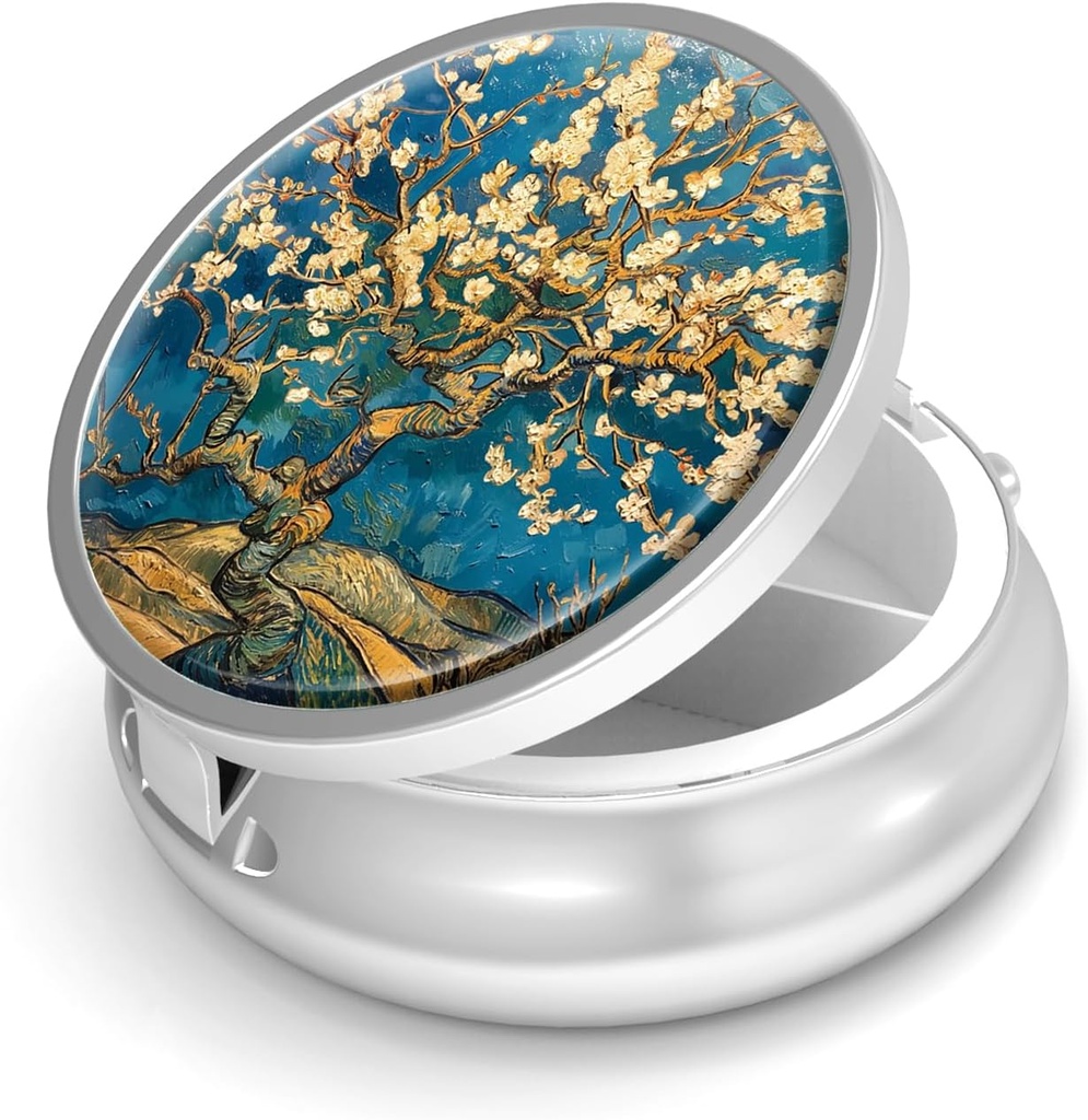 Pill Box-3 Segment Lille Pill Case for Purse & Pocket Mini Metal Pill Holder Travel Pill Container til at holde kosttilskud Vitaminer BPA- Gratis (Almond Blossom- Van Gogh)