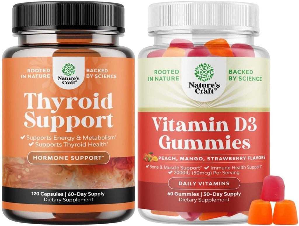 Bundle of Herbal Thyroid Support - Potent Kelp Iodine with L Tyrosine, Bladderwrack, Selenium & Pure Ashwagandha and Vitamin D3 Gummies - Delicious D Adults with 2000IU per Serving for Bone Muscle