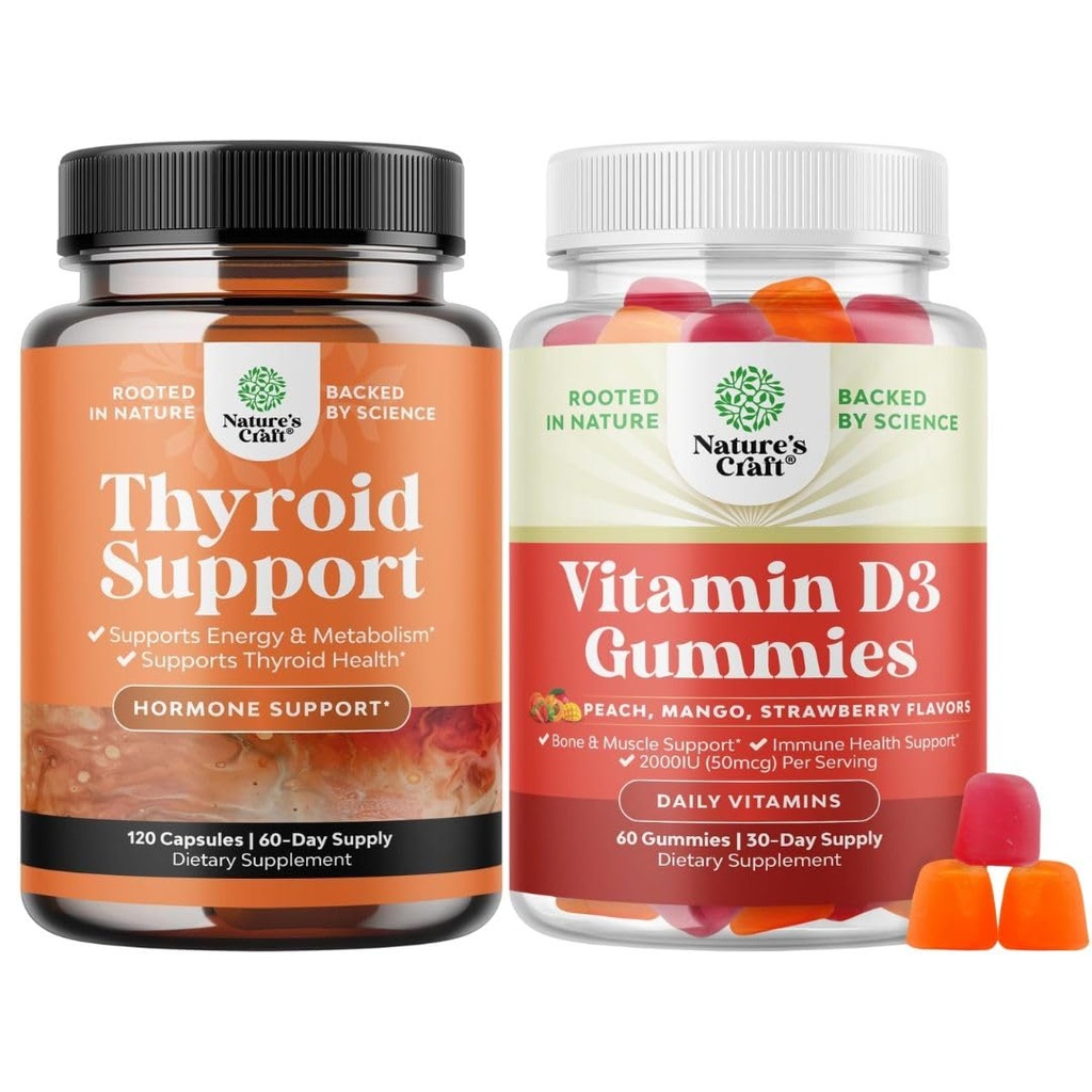 Bundle of Herbal Thyroid Support - Potent Kelp Jod med L Tyrosin, Bladerwrack, Selenium & Pure Ashwagandha og Vitamin D3 Gummies - Lækre D voksne med 2000IE per servering for ben Muskel