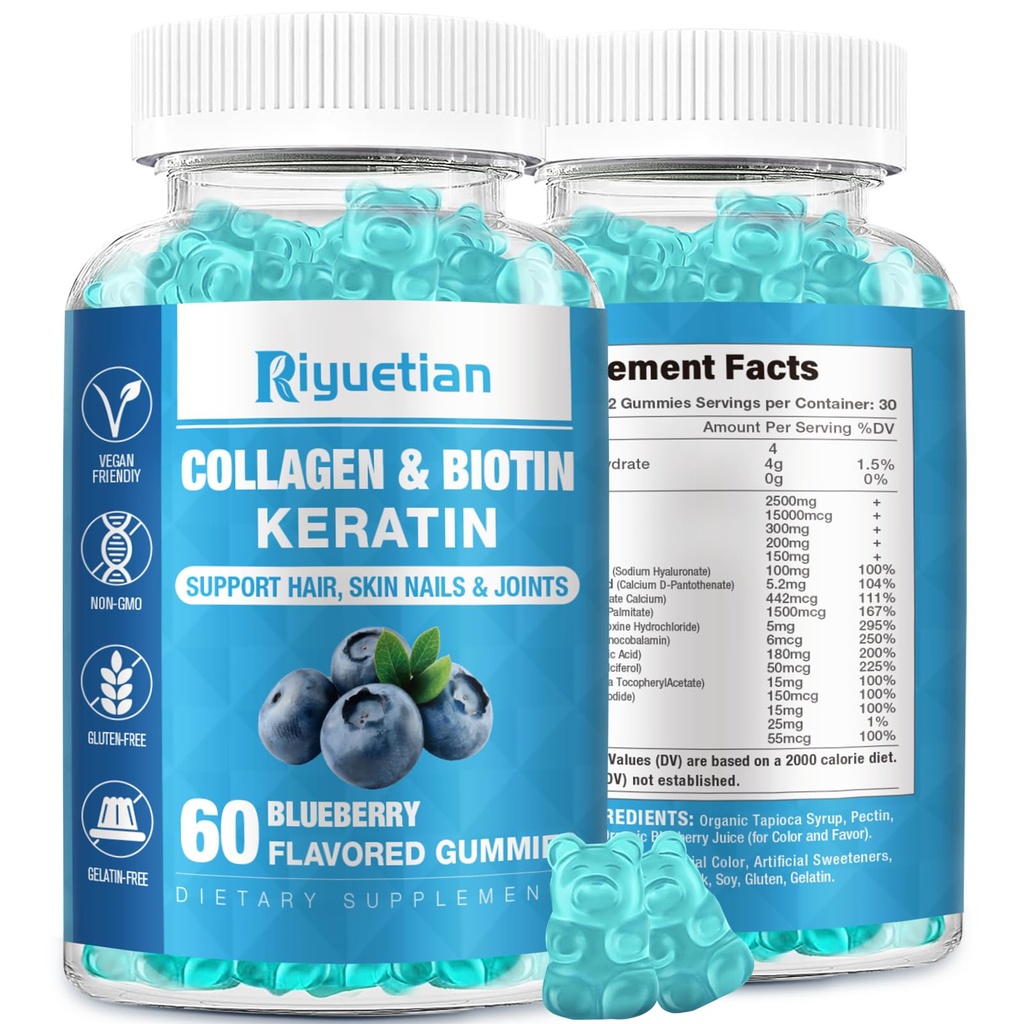 Biotin Gummies 15000mcg med kollagen til voksne kvinder & mænd - Hår, Hud og negle Gummies med Biotin - Kollagen til kvinder - Vegan, Non- GMO, hårvitaminer - 60 Greve, 1 pakke