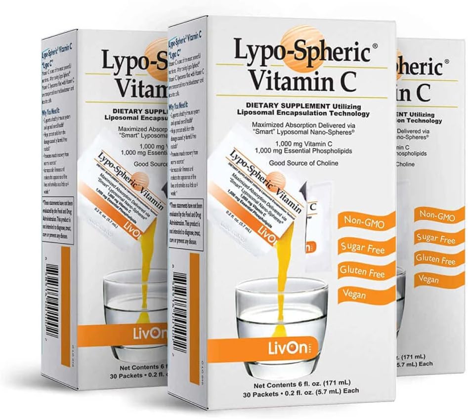 LivOn Laboratories Lypo- Spheric Vitamin C - 3 kartoner (90 Pakninger) - 1. 000 mg C - 1. 000 mg Essential Phospholipids Per Packet - Liposome indkapslet for forbedret absorption - 100% Non- GMO
