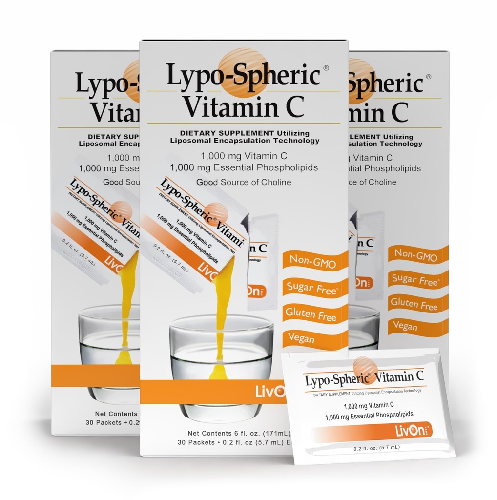 LivOn Laboratories Lypo- Spheric Vitamin C - 3 kartoner (90 Pakninger) - 1. 000 mg C - 1. 000 mg Essential Phospholipids Per Packet - Liposome indkapslet for forbedret absorption - 100% Non- GMO