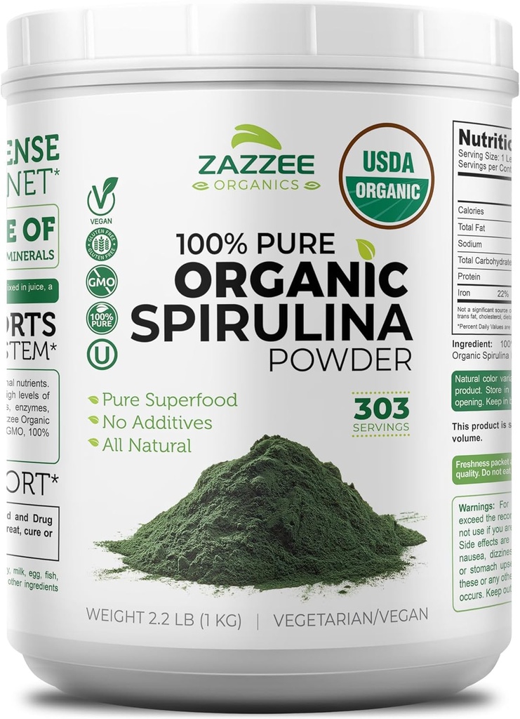 Zazzee Organic Spirulina Powder, 2.2 Pounds (1 KG), USDA Certified, 303 Servere, Kosher, 100% Pure, Ikke-bestrålet, Mess- Free Wide Mouth Container, Frisk lugt og Neutral Taste, Non-GMO, Gluten- Free