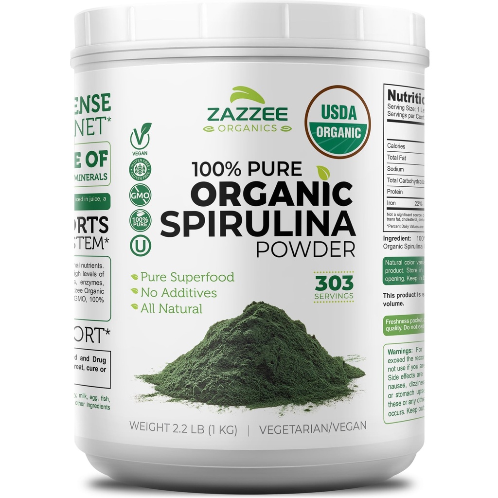 Zazzee Organic Spirulina Powder, 2.2 Pounds (1 KG), USDA Certified, 303 Servere, Kosher, 100% Pure, Ikke-bestrålet, Mess- Free Wide Mouth Container, Frisk lugt og Neutral Taste, Non-GMO, Gluten- Free