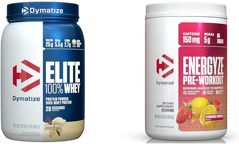 Dymatize Whey Protein og Pre Workout Combo, Elite 100% Whey Protein Powder Gourmet Vanilla 26 Serve, Energize Pre Workout Pulver til mænd og kvinder Jordbær Lemonade Flavor 30 Servering