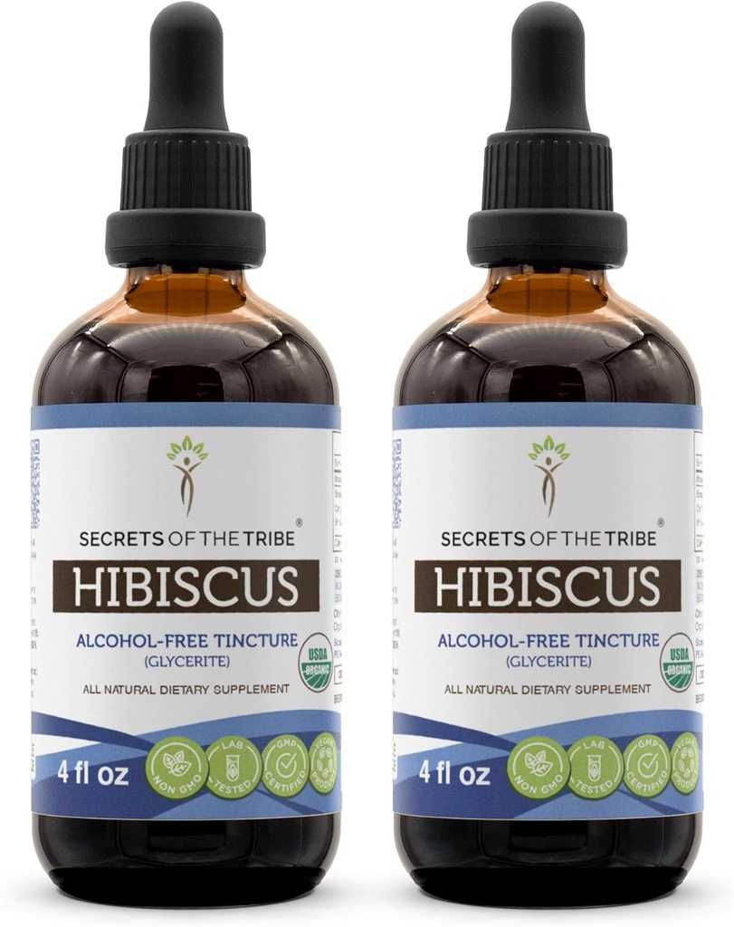 Secrets of the Tribe Hibiscus Tincture Alcohol-Free Extract, USDA Organic Hibiscus Sabdariffa Dried Flower Tincture Supplement (2x4 FL OZ)