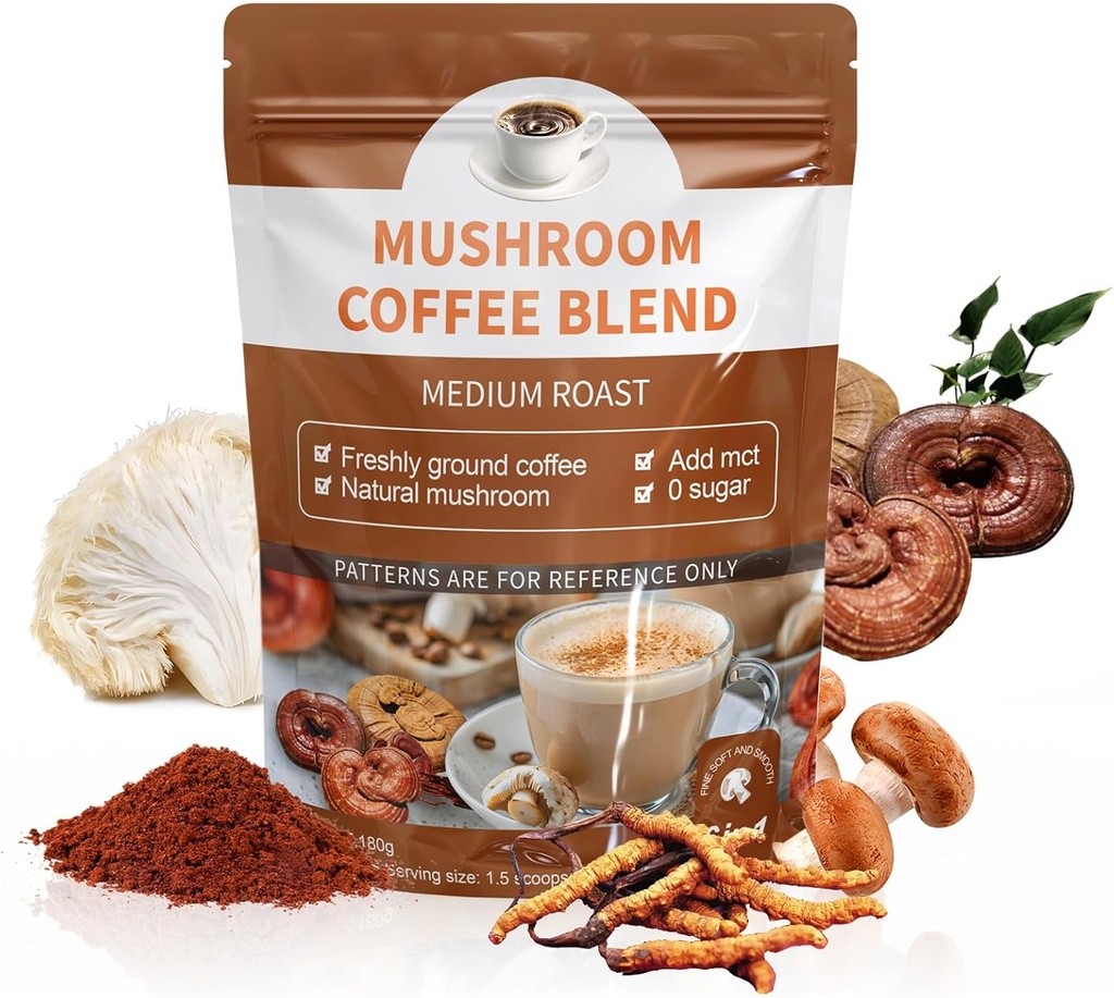 Organic Lion 's Mane, Cordyceps, Shiitake, Reishi & Tyrkiet Tail Mushroom Coffee Blend - Understøtter Gut, Energy, Focus & Brain Health