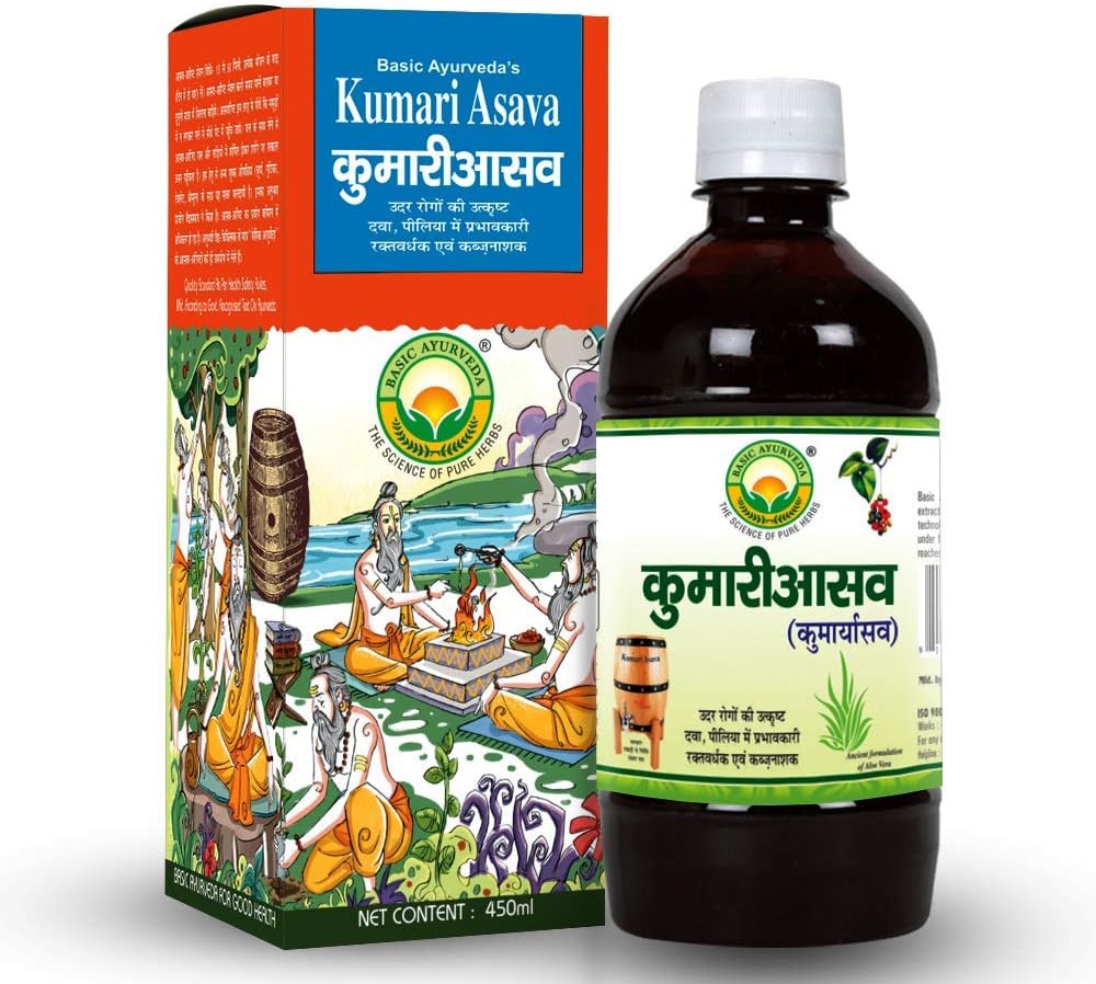 Basic Ayurveda Kumari Asava 450ml Effektiv i leverproblemer & Forbedre fordøjelsesbesvær 124; Forbedre Appetite • 124; Relieves Forstoppelse 124; Hjælper i Piles • 124; Nyttig i Mave Relateret Problem