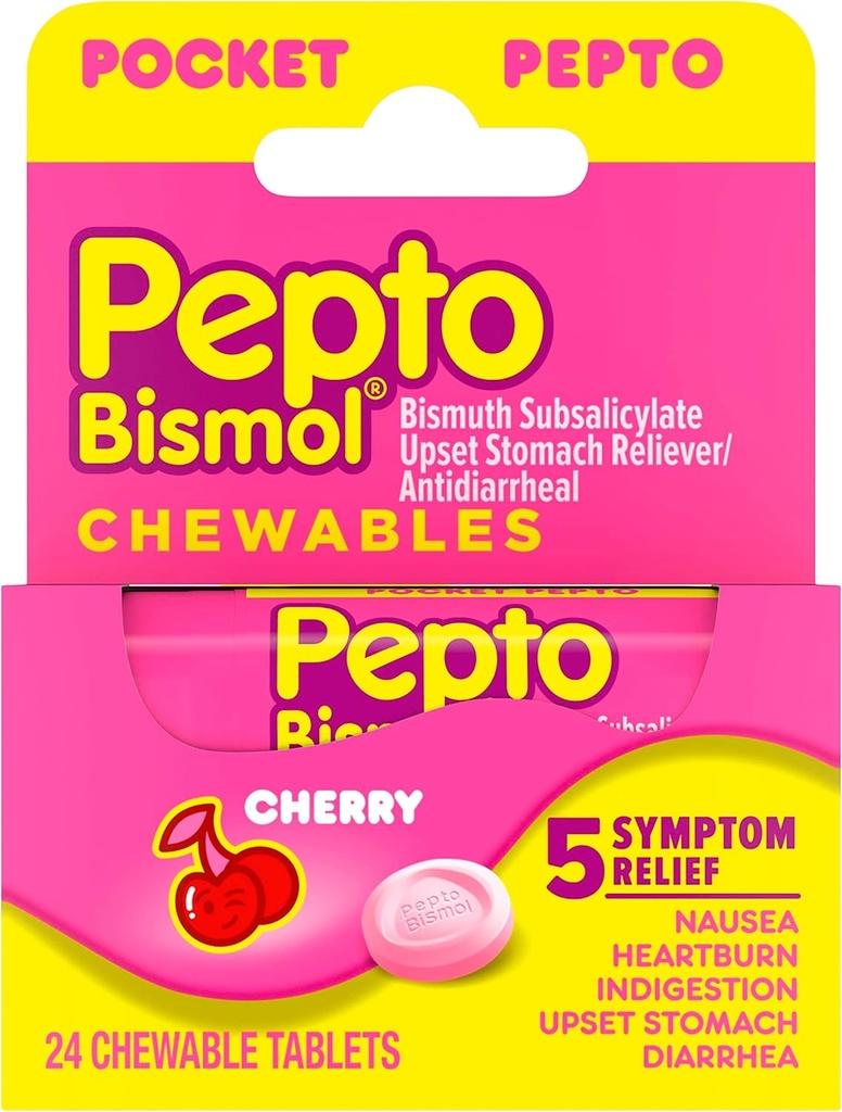Pepto Bismol Pocket Chewket Tablets for Kvalme, Heartburn, fordøjelsesbesvær, Opsat Mave, og Diarré - 5 Symptomer Fast Relief, Cherry Flavor 24 læ