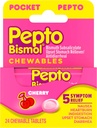 Pepto Bismol Pocket Chewket Tablets for Kvalme, Heartburn, fordøjelsesbesvær, Opsat Mave, og Diarré - 5 Symptomer Fast Relief, Cherry Flavor 24 læ