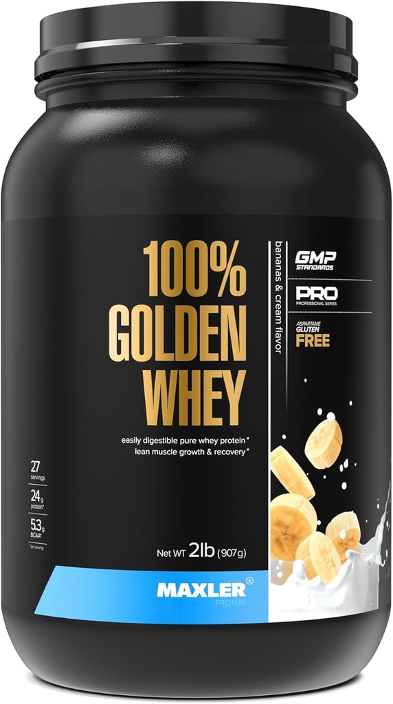 Maxler 100% Golden Whey Protein - 24 g protein per servering - Premium Whey Protein Powder til Pre Post Workout - Fast- Absorbing Whey koncentrat, Isolere & Hydrolysate Blend - Bananer & Cream 2 LB