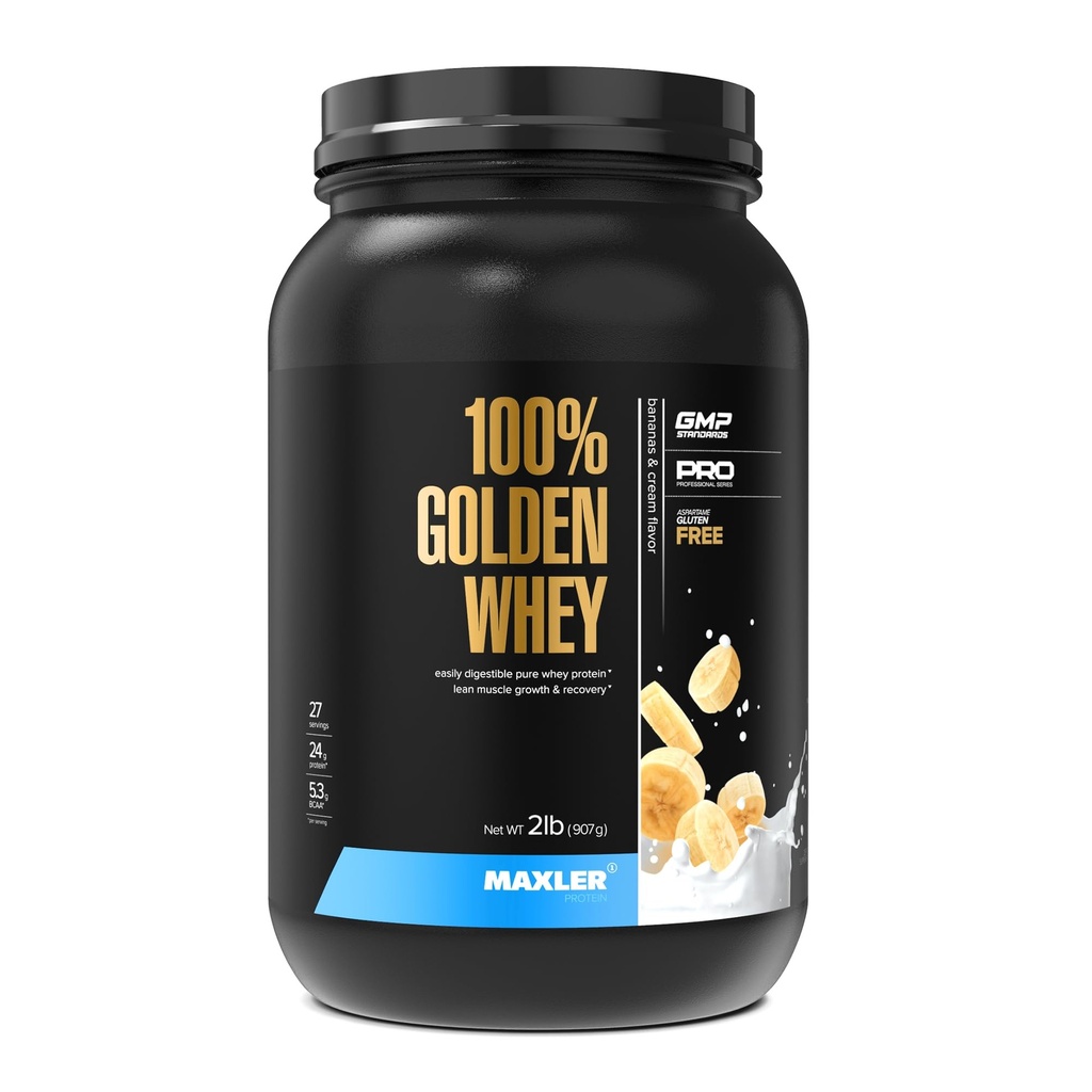 Maxler 100% Golden Whey Protein - 24 g protein per servering - Premium Whey Protein Powder til Pre Post Workout - Fast- Absorbing Whey koncentrat, Isolere & Hydrolysate Blend - Bananer & Cream 2 LB
