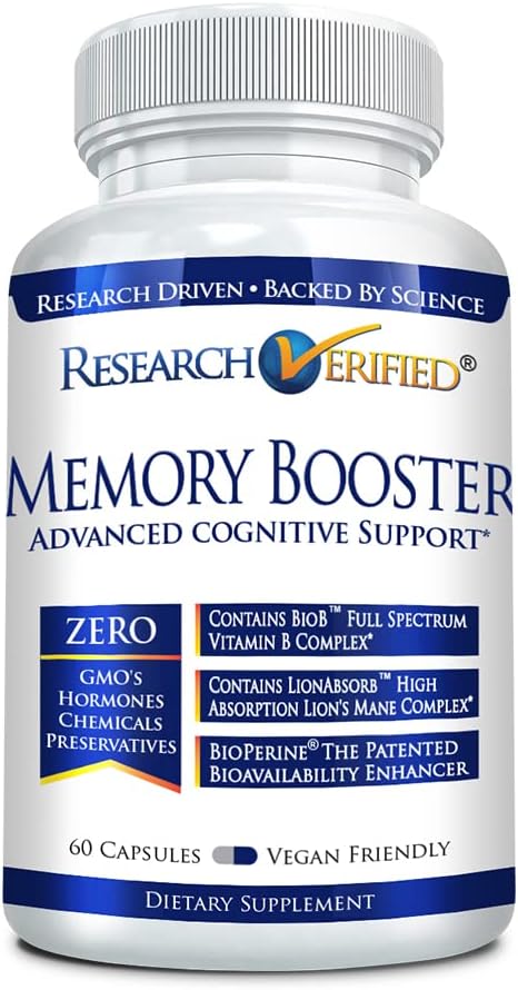 Forskning Verified Memory Booster - Nootrop Supplement - Forbedre kognition og hukommelse - Lions Mane, Ginkgo Biloba, BioPerine - 60 kapsler - Non- GMO - Made in USA